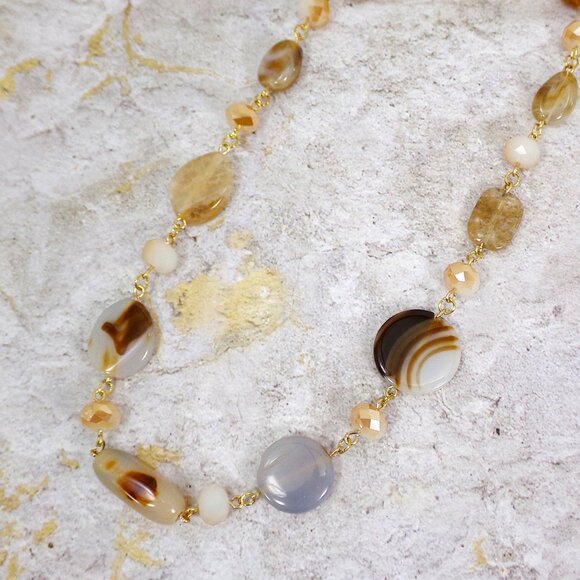 A mix of beige, brown, and off white bead necklace with glass and stone - Picture 5 of 13